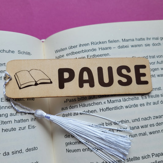 Holz-Lesezeichen Lesepause braun