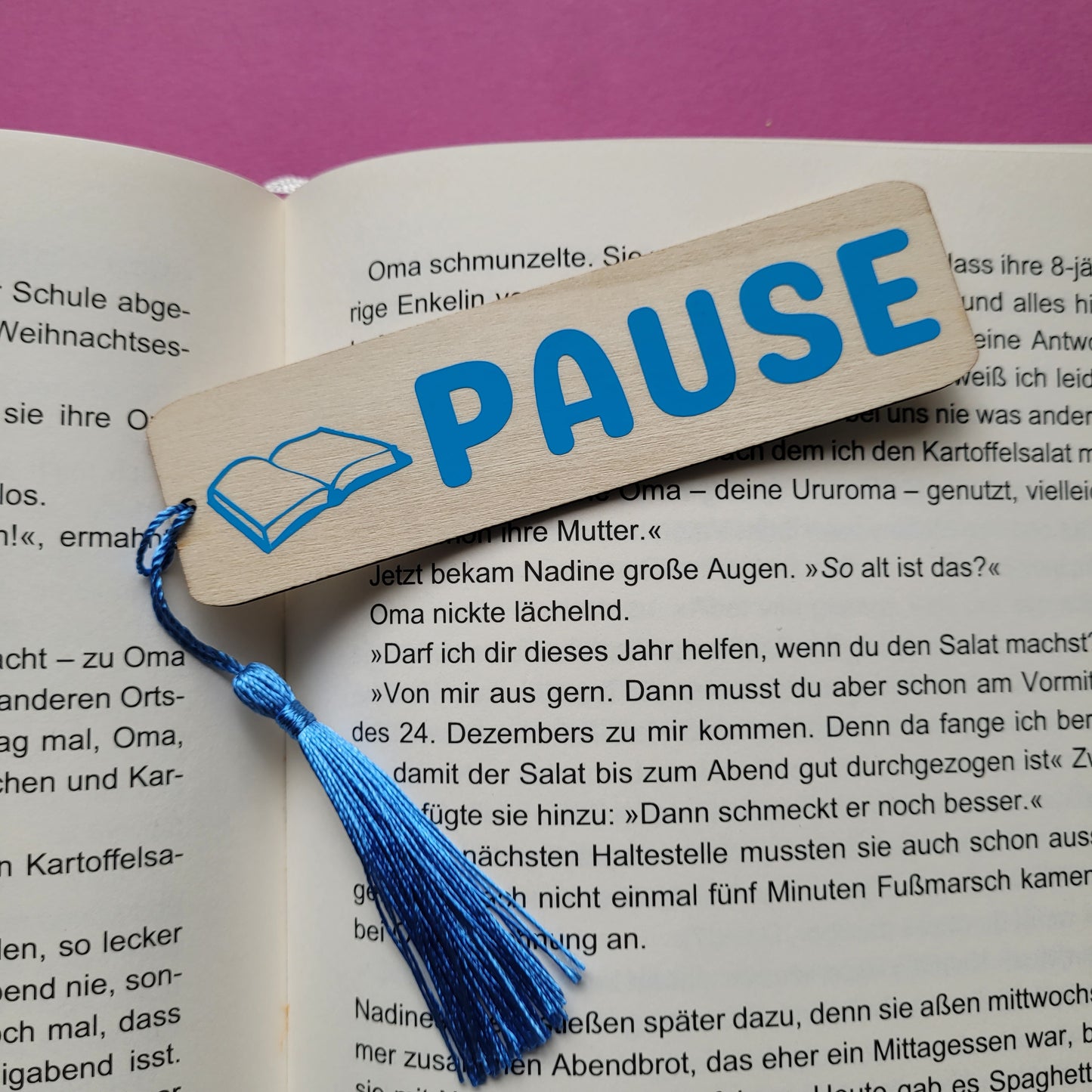 Holz-Lesezeichen Lesepause blau