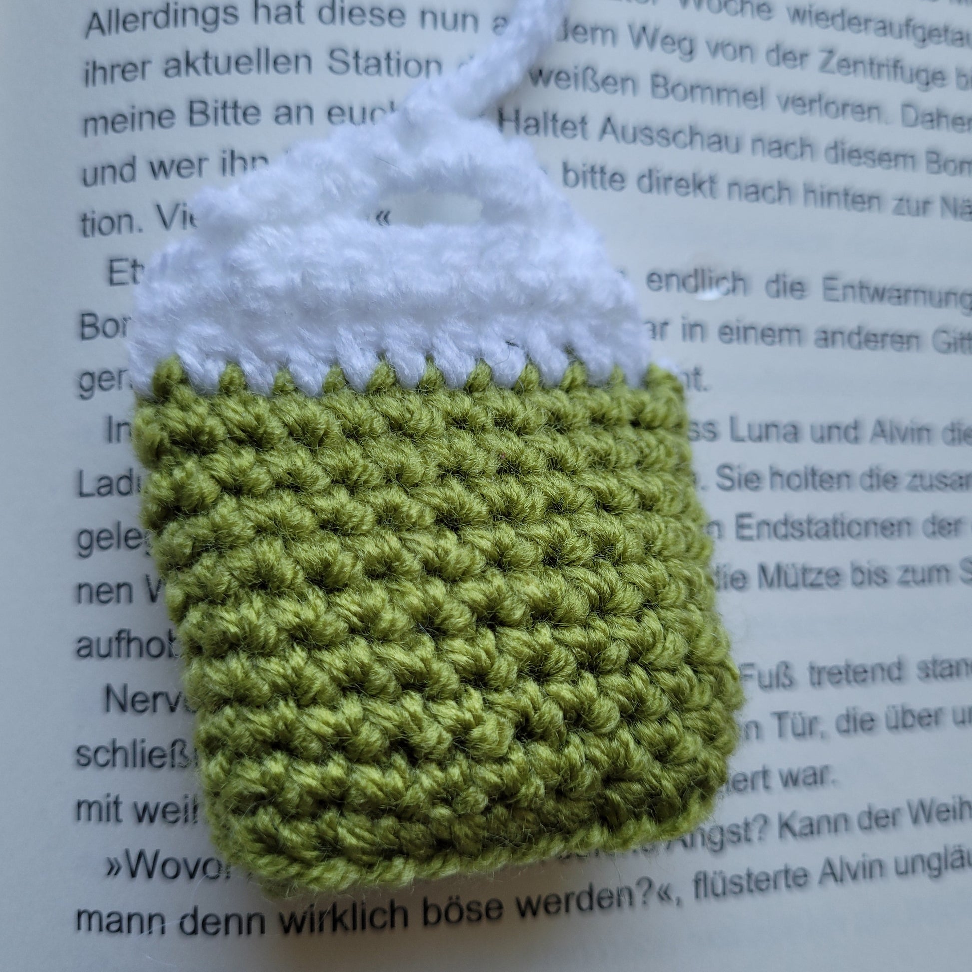 Häkel-Lesezeichen Teebeutel Nahansicht